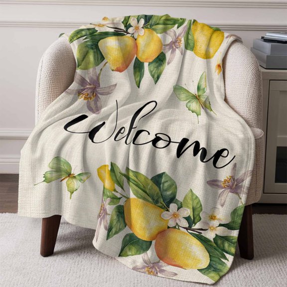 Flannel Fleece Throw Blanket Farm Lemon Welcome Quote Lightweight Soft Plush Blankets,Butterfly Green Leaf Watercolor Cozy Warm Throw Blanket for Couch Sofa Bed Car Office All Season Use 60x80in