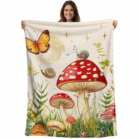 Flannel Fleece Throw Blanket Farm Mushroom Butterfly Snails Lightweight Soft Plush Blankets,Green Leaves Herb Cozy Warm Throw Blanket for Couch Sofa Bed Car Office All Season Use 40x50in