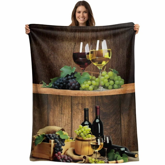 Flannel Fleece Throw Blanket Farm Red Wine Grapes Wine Barrel Lightweight Soft Plush Blankets,Vintage Brown Wood Board Cozy Warm Throw Blanket for Couch Sofa Bed Car Office 40x50in