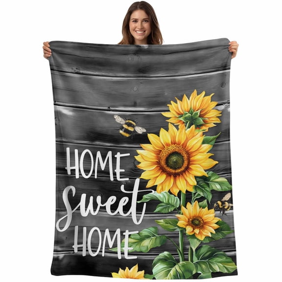 Flannel Fleece Throw Blanket Farm Sunflower Bee Sweet Home Text Lightweight Soft Plush Blankets,Vintage Black Grey Wood Cozy Warm Throw Blanket for Couch Sofa Bed Car Office 40x50in