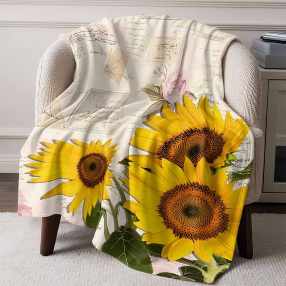 Flannel Fleece Throw Blanket Farm Sunflower Leaf Watercolor Lightweight Soft Plush Blankets,Vintage Letters Cozy Warm Throw Blanket for Couch Sofa Bed Car Office All Season Use 60x80in