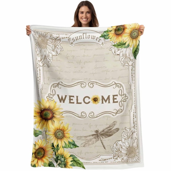 Flannel Fleece Throw Blanket Farm Sunflowers Leaves Dragonflies Lightweight Soft Plush Blankets,Retro Welcome Quote Cozy Warm Throw Blanket for Couch Sofa Bed Car Office 40x50in
