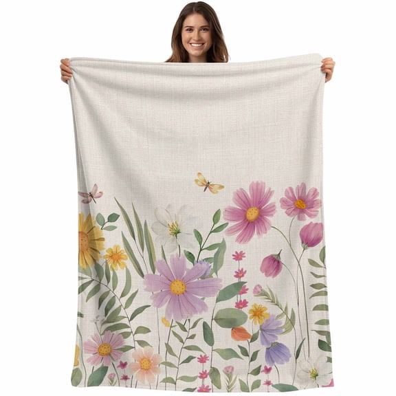 Flannel Fleece Throw Blanket Farm Vintage Watercolor Flowers Lightweight Soft Plush Blankets,Country Floral Butterfly Cozy Warm Throw Blanket for Couch Sofa Bed Car Office 40x50in