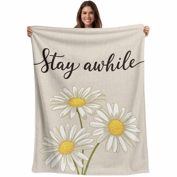 Flannel Fleece Throw Blanket Farm Watercolor Daisy Flower Lightweight Soft Plush Blankets,Floral Stay Quote on Burlap Cozy Warm Throw Blanket for Couch Sofa Bed Car Office 40x50in