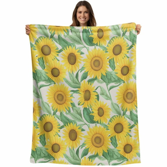 Flannel Fleece Throw Blanket Farm Watercolor Sunflowers Lightweight Soft Plush Blankets,Vintage Rural Yellow Floral Cozy Warm Throw Blanket for Couch Sofa Bed Car Office 40x50in