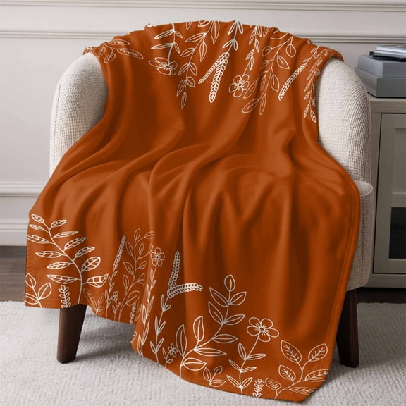 Flannel Fleece Throw Blanket Farm Wild Flower Wheat Ear Lightweight Soft Plush Blankets,Pastoral Leaf Orange Back Cozy Warm Throw Blanket for Couch Sofa Bed Car Office All Season Use 50x60in