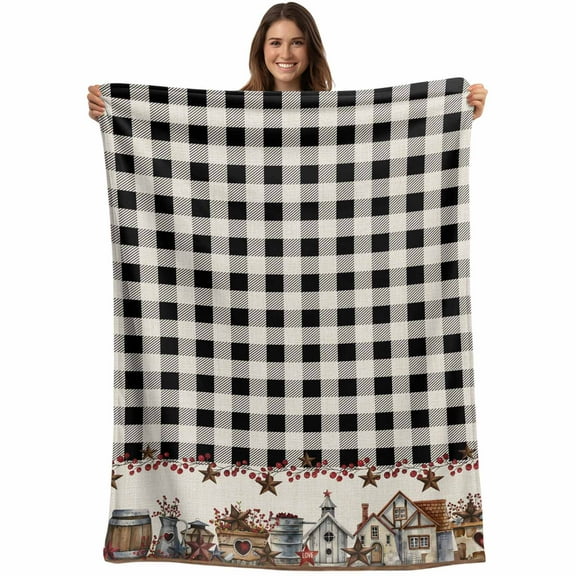 Flannel Fleece Throw Blanket Farm Wooden House Black Buffalo Plaid Lightweight Soft Plush Blankets,Western Star Cozy Warm Throw Blanket for Couch Sofa Bed Car Office All Season Use 40x50in
