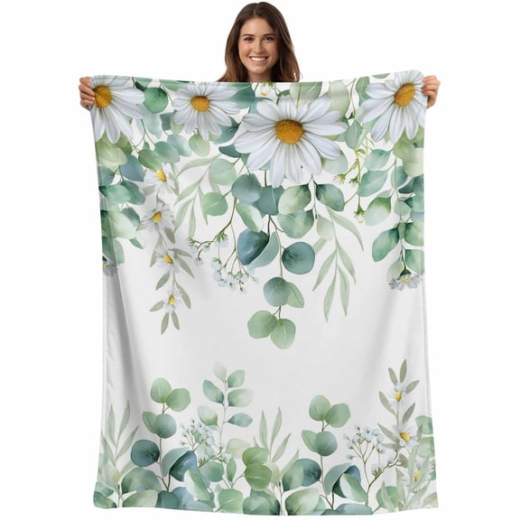 Flannel Fleece Throw Blanket Farmhouse Eucalyptus Leaf Daisy Lightweight Soft Plush Blankets,Watercolor Floral Leaves Cozy Warm Throw Blanket for Couch Sofa Bed Car Office 40x50in