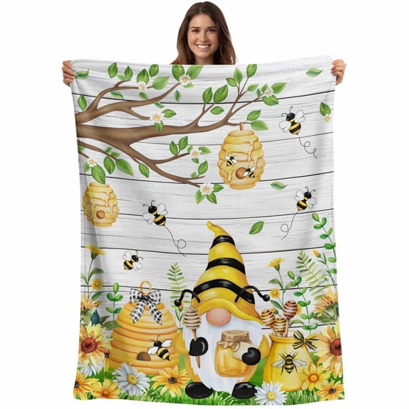 Flannel Fleece Throw Blanket Farmhouse Gnome Sunflower Lightweight Soft Plush Blankets,Pastoral Bee Flower Leaf Tree Cozy Warm Throw Blanket for Couch Sofa Bed Car Office 40x50in