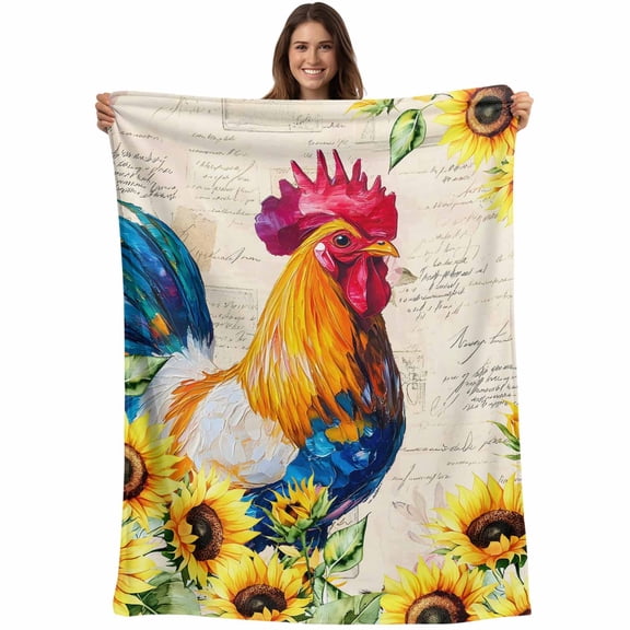 Flannel Fleece Throw Blanket Farmhouse Rooster Sunflower Watercolor Lightweight Soft Plush Blankets,Retro Letter Cozy Warm Throw Blanket for Couch Sofa Bed Car Office All Season Use 40x50in