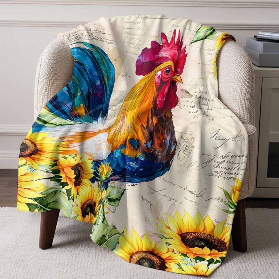Flannel Fleece Throw Blanket Farmhouse Rooster Sunflower Watercolor Lightweight Soft Plush Blankets,Retro Letter Cozy Warm Throw Blanket for Couch Sofa Bed Car Office All Season Use 60x80in