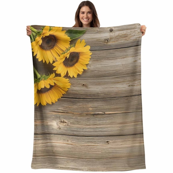 Flannel Fleece Throw Blanket Farmhouse Sunflower Retro Wood Lightweight Soft Plush Blankets,Brown Wooden Plank Cozy Warm Throw Blanket for Couch Sofa Bed Car Office 40x50in