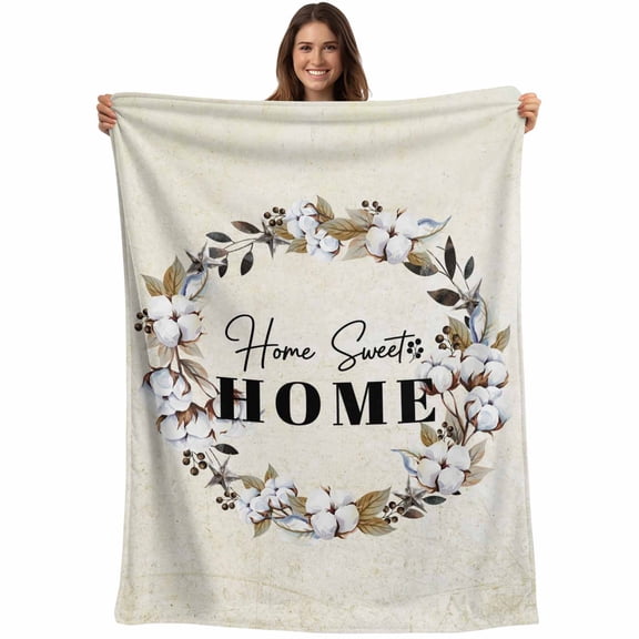 Flannel Fleece Throw Blanket Farmhouse Wreath Floral Vintage Lightweight Soft Plush Blankets,Sweet Home Quote Cozy Warm Throw Blanket for Couch Sofa Bed Car Office 40x50in