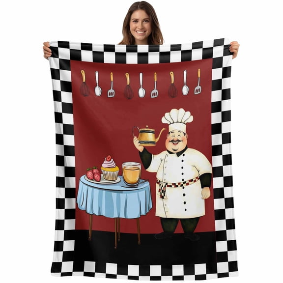 Flannel Fleece Throw Blanket Funny Chef Delicious Dessert Lightweight Soft Plush Blankets,Black and White Checker Cozy Warm Throw Blanket for Couch Sofa Bed Car Office All Season Use 40x50in
