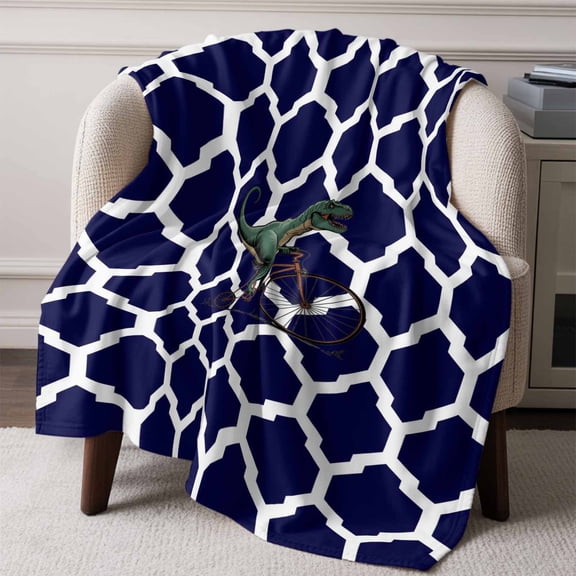 Flannel Fleece Throw Blanket Funny Dinosaur Navy Blue Morocco Lightweight Soft Plush Blankets,Cute Animal Ride Bike Cozy Warm Throw Blanket for Couch Sofa Bed Car Office All Season Use 60x80in