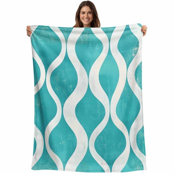 Flannel Fleece Throw Blanket Geometric Abstract Wave Texture Lightweight Soft Plush Blankets,Ombre Teal Backdrop Cozy Warm Throw Blanket for Couch Sofa Bed Car Office 40x50in
