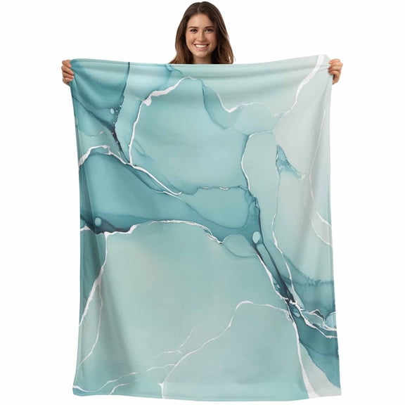 Flannel Fleece Throw Blanket Gradient Marble Agate Stone Lightweight Soft Plush Blankets,Aqua White Ombre Lines Cozy Warm Throw Blanket for Couch Sofa Bed Car Office 40x50in