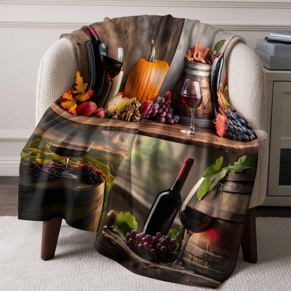 Flannel Fleece Throw Blanket Grapes Wine Farm Barrel Lightweight Soft Plush Blankets,Farmhouse Fruit Harvest Cozy Warm Throw Blanket for Couch Sofa Bed Car Office All Season Use 60x80in