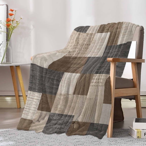 Flannel Fleece Throw Blanket Gray Brown Patchwork Blocks Lightweight Soft Plush Blankets 40x50in, Geometric Plaid Cozy Warm Throw Blanket for Couch Sofa Bed Car Office