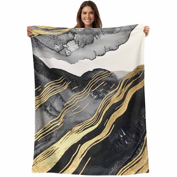 Flannel Fleece Throw Blanket Gray Marble Abstract Stripe Lightweight Soft Plush Blankets,Gold Foil Modern Luxury Cozy Warm Throw Blanket for Couch Sofa Bed Car Office All Season Use 40x50in