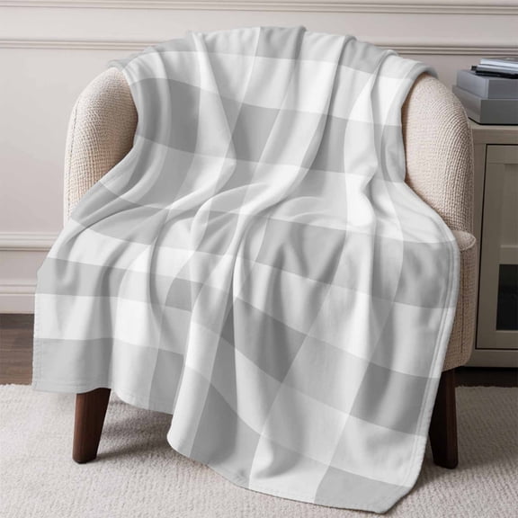 Flannel Fleece Throw Blanket Gray White Buffalo Plaid Lightweight Soft Plush Blankets,Classic Gingham Check Cozy Warm Throw Blanket for Couch Sofa Bed Car Office All Season Use 50x60in