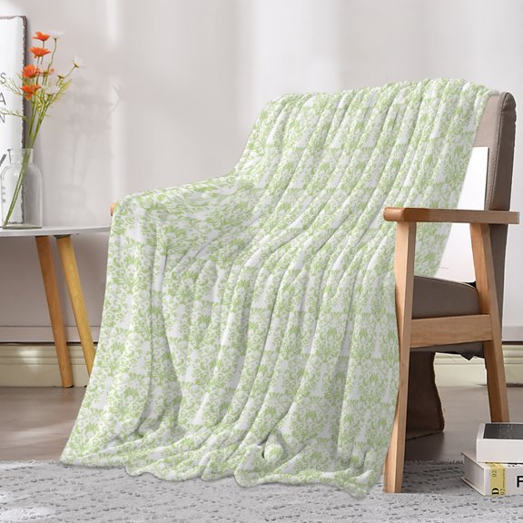 Flannel Fleece Throw Blanket Green Baroque Pattern Lightweight Soft Plush Blankets 30x40in, Rustic European Flower Texture Cozy Warm Throw Blanket for Couch Sofa Bed Car Office