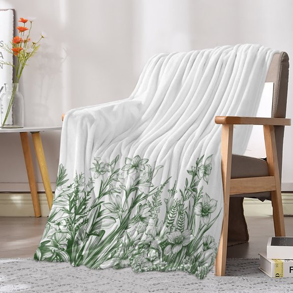 Flannel Fleece Throw Blanket Green Flowers Iris Lavender Leaves Lightweight Soft Plush Blankets 30x40in, Spring Botanical Cozy Warm Throw Blanket for Couch Sofa Bed Car Office