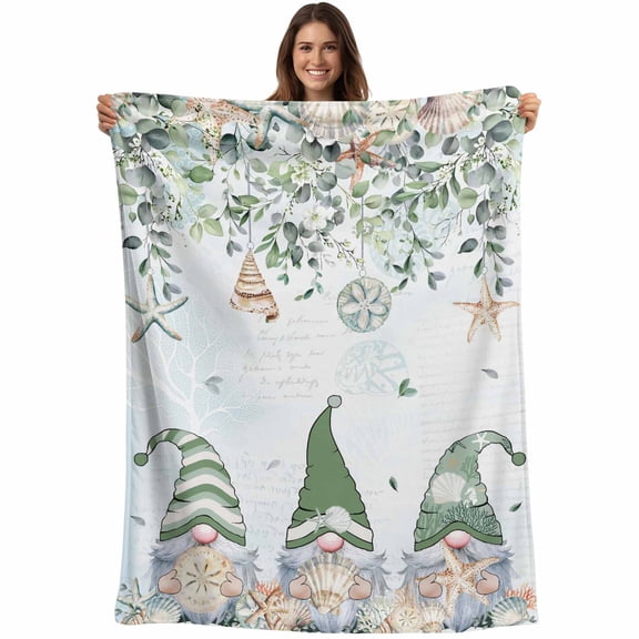 Flannel Fleece Throw Blanket Green Gnome Shell Starfish on Letter Lightweight Soft Plush Blankets,Ocean Eucalyptus Leaves Cozy Warm Throw Blanket for Couch Sofa Bed Car Office 40x50in