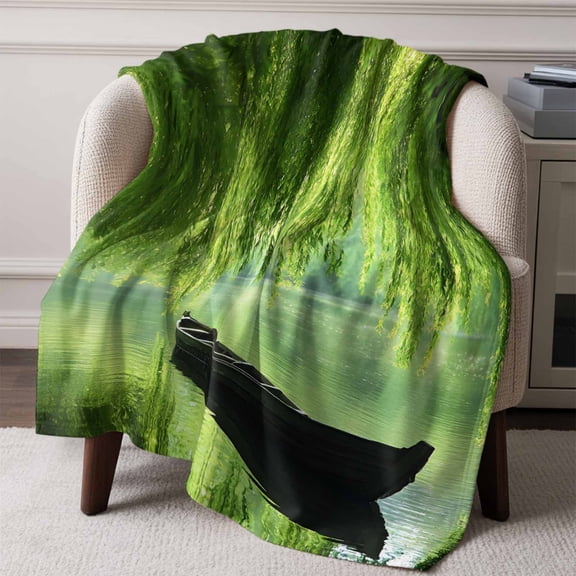 Flannel Fleece Throw Blanket Green Leaves Boat Lake Lightweight Soft Plush Blankets,Zan Natural Scenery Cozy Warm Throw Blanket for Couch Sofa Bed Car Office All Season Use 60x80in