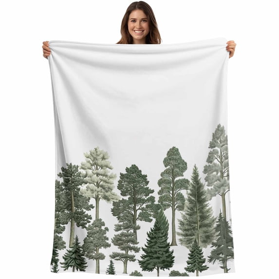 Flannel Fleece Throw Blanket Green Pine Tree Watercolor Plant Lightweight Soft Plush Blankets,Country Trees Sketch Art Cozy Warm Throw Blanket for Couch Sofa Bed Car Office All Season Use 40x50in