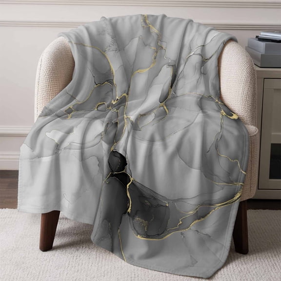 Flannel Fleece Throw Blanket Grey Gradient Marble Lightweight Soft Plush Blankets,Gold Foil Abstract Stripes Cozy Warm Throw Blanket for Couch Sofa Bed Car Office All Season Use 50x60in