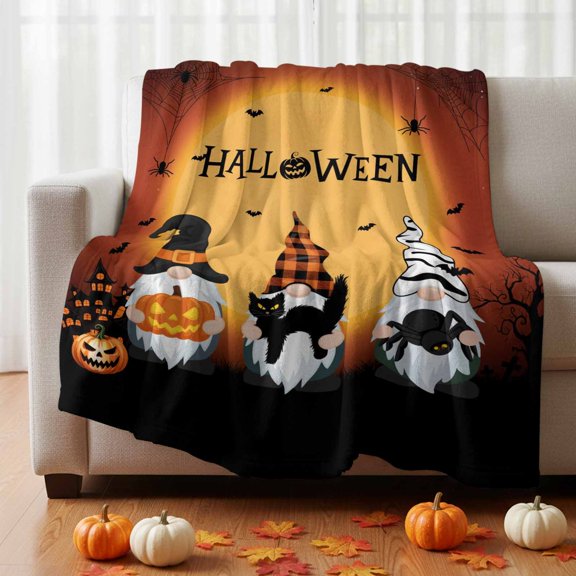 Flannel Fleece Throw Blanket Halloween Dwarf Pumpkin Black Cat Spiders- Lightweight Soft Plush Blankets 30x40in, Night Moon Dead Trees Cozy Warm Throw Blanket for Couch Sofa Bed Car Office