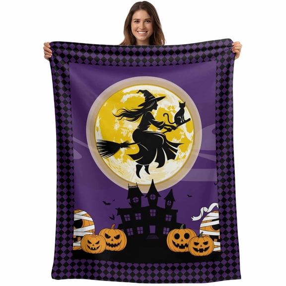 Flannel Fleece Throw Blanket Halloween Full Moon Witch Riding Broom Lightweight Soft Plush Blankets,Haunted Castle Purple Plaid Cozy Warm Throw Blanket for Couch Sofa Bed Car Office 40x50in