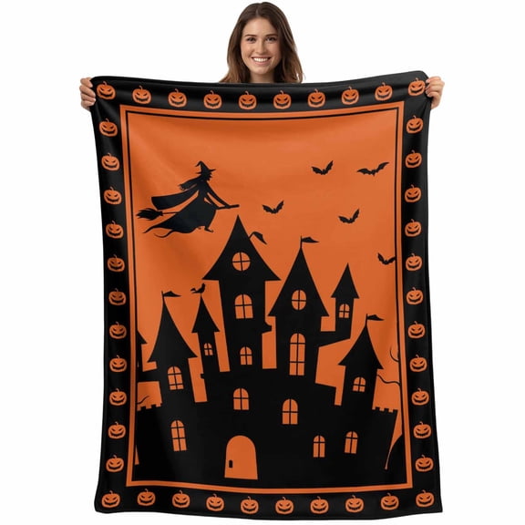Flannel Fleece Throw Blanket Halloween Haunted Castle Pumpkin Dead Trees Lightweight Soft Plush Blankets,Witch Bat Orange Back Cozy Warm Throw Blanket for Couch Sofa Bed Car Office 40x50in