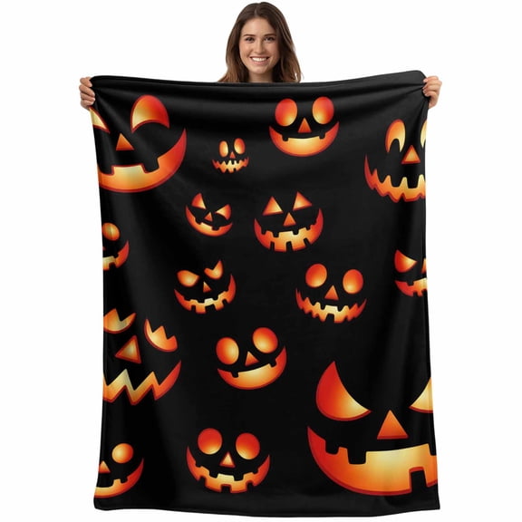 Flannel Fleece Throw Blanket Halloween Pumpkin Ghost Face Lightweight Soft Plush Blankets,Scary Smile Seamless on Black Cozy Warm Throw Blanket for Couch Sofa Bed Car Office All Season Use 40x50in