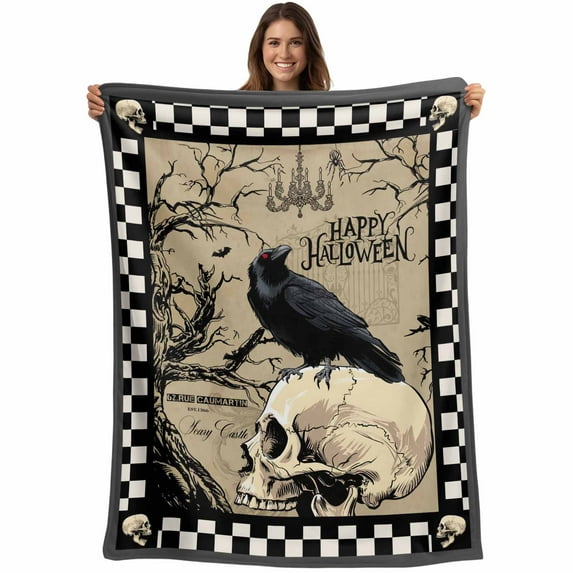 Flannel Fleece Throw Blanket Halloween Skeleton Black Crow Gothics Lightweight Soft Plush Blankets,Dead Trees Black Plaid Cozy Warm Throw Blanket for Couch Sofa Bed Car Office All Season Use 40x60in