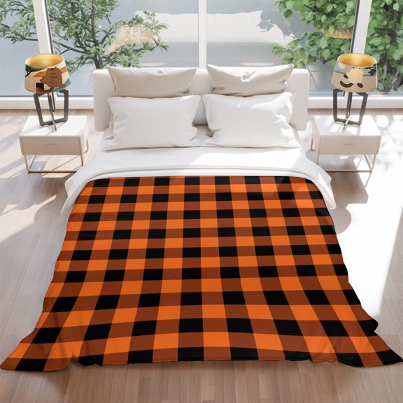 Flannel Fleece Throw Blanket Halloween Theme Orange Black Plaid Lightweight Soft Plush Blankets 60x80in, Classic Buffalo Check Cozy Warm Throw Blanket for Couch Sofa Bed Car Office