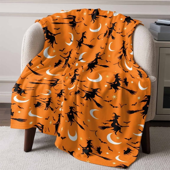 Flannel Fleece Throw Blanket Halloween Witch Moon on Orange Lightweight Soft Plush Blankets,Scary Bats Seamless Cozy Warm Throw Blanket for Couch Sofa Bed Car Office All Season Use 50x60in