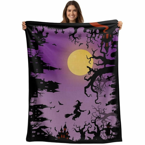 Flannel Fleece Throw Blanket Halloween Witch Purple Night Moon Lightweight Soft Plush Blankets,Dead Trees Haunted House Cozy Warm Throw Blanket for Couch Sofa Bed Car Office All Season Use 60x50in