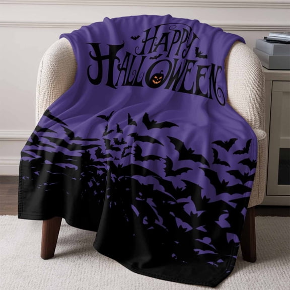 Flannel Fleece Throw Blanket Happy Halloween Black Bats Lightweight Soft Plush Blankets,Scary Purple Cozy Warm Throw Blanket for Couch Sofa Bed Car Office All Season Use 60x80in