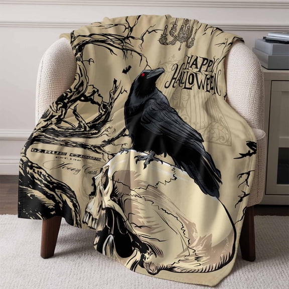 Flannel Fleece Throw Blanket Happy Halloween Black Crow Human Skeleton Lightweight Soft Plush Blankets,Dead Tree Scary Bat Cozy Warm Throw Blanket for Couch Sofa Bed Car Office All Season Use 60x80in