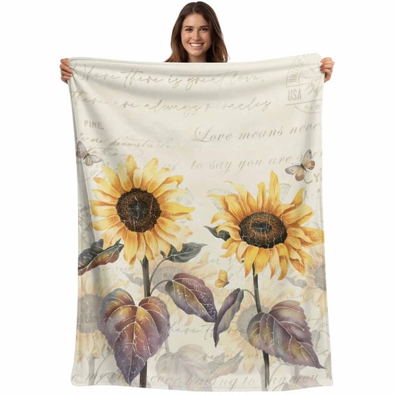 Flannel Fleece Throw Blanket Idyllic Sunflower on Vintage Letter Lightweight Soft Plush Blankets,Farmhouse Plant Cozy Warm Throw Blanket for Couch Sofa Bed Car Office 40x50in