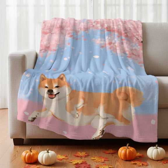 Flannel Fleece Throw Blanket Japanese Cute Akita Dogs Lightweight Soft Plush Blankets 30x40in, Cherry Blossoms Flowers Cozy Warm Throw Blanket for Couch Sofa Bed Car Office