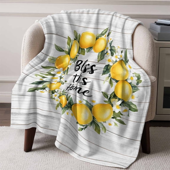 Flannel Fleece Throw Blanket Lemon Summer Flower Watercolor Lightweight Soft Plush Blankets,Bless Home Quote Farm Wood Grain Cozy Warm Throw Blanket for Couch Sofa Bed Car Office 60x80in