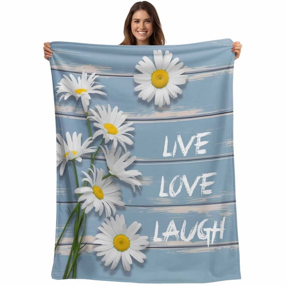 Flannel Fleece Throw Blanket Live Love Laugh Words on Wood Lightweight Soft Plush Blankets,Country Flowers Daisy Cozy Warm Throw Blanket for Couch Sofa Bed Car Office 40x50in