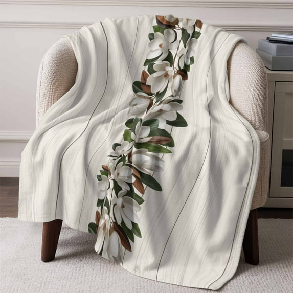 Flannel Fleece Throw Blanket Magnolia Plant Flower Lightweight Soft Plush Blankets,Farm Vintage Wood Grain Cozy Warm Throw Blanket for Couch Sofa Bed Car Office All Season Use 50x60in