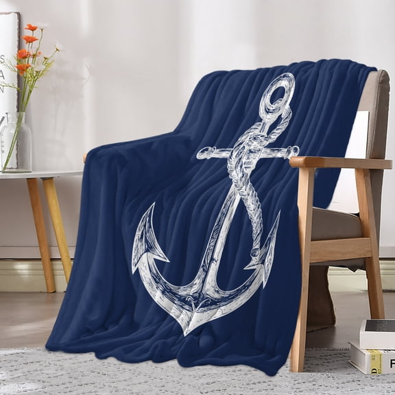 Flannel Fleece Throw Blanket Marine Coastal Anchor on Military Blue Lightweight Soft Plush Blankets 30x40in, Coastal Nautical Cozy Warm Throw Blanket for Couch Sofa Bed Car Office