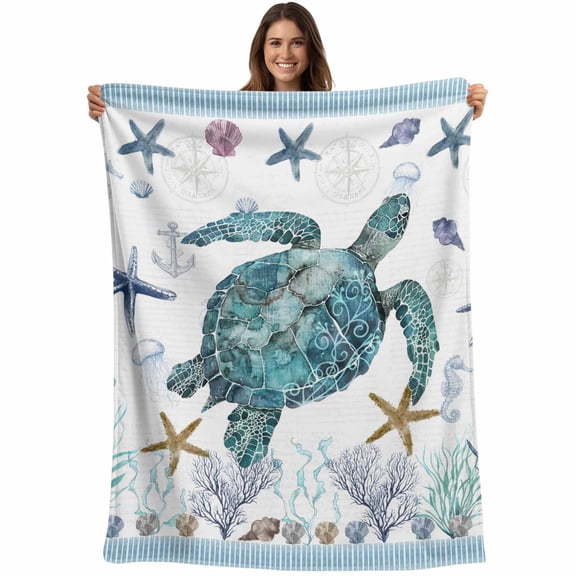 Flannel Fleece Throw Blanket Marine Sea Turtle Starfish Shell Lightweight Soft Plush Blankets,Ocean Coral Seaweed Compass Cozy Warm Throw Blanket for Couch Sofa Bed Car Office 40x50in
