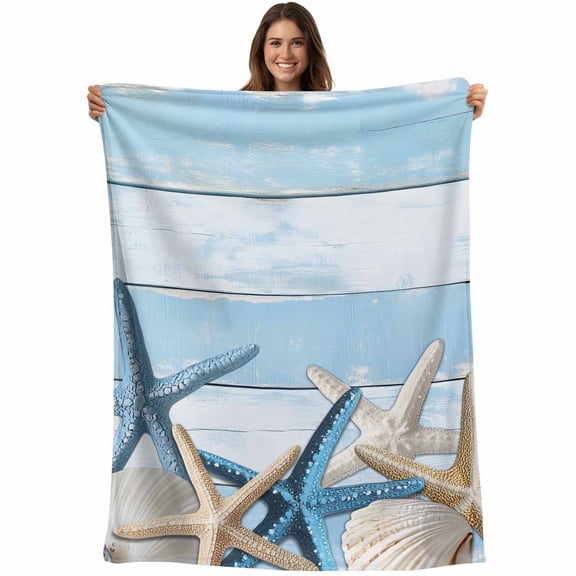 Flannel Fleece Throw Blanket Marine Starfish Shell on Wood Grain Lightweight Soft Plush Blankets,Farm Summer Ocean Theme Cozy Warm Throw Blanket for Couch Sofa Bed Car Office 40x50in