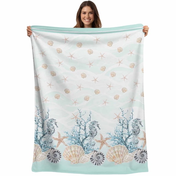 Flannel Fleece Throw Blanket Mini Shell Summer Ocean Coral Lightweight Soft Plush Blankets,Watercolor Starfish Waves Cozy Warm Throw Blanket for Couch Sofa Bed Car Office 40x50in
